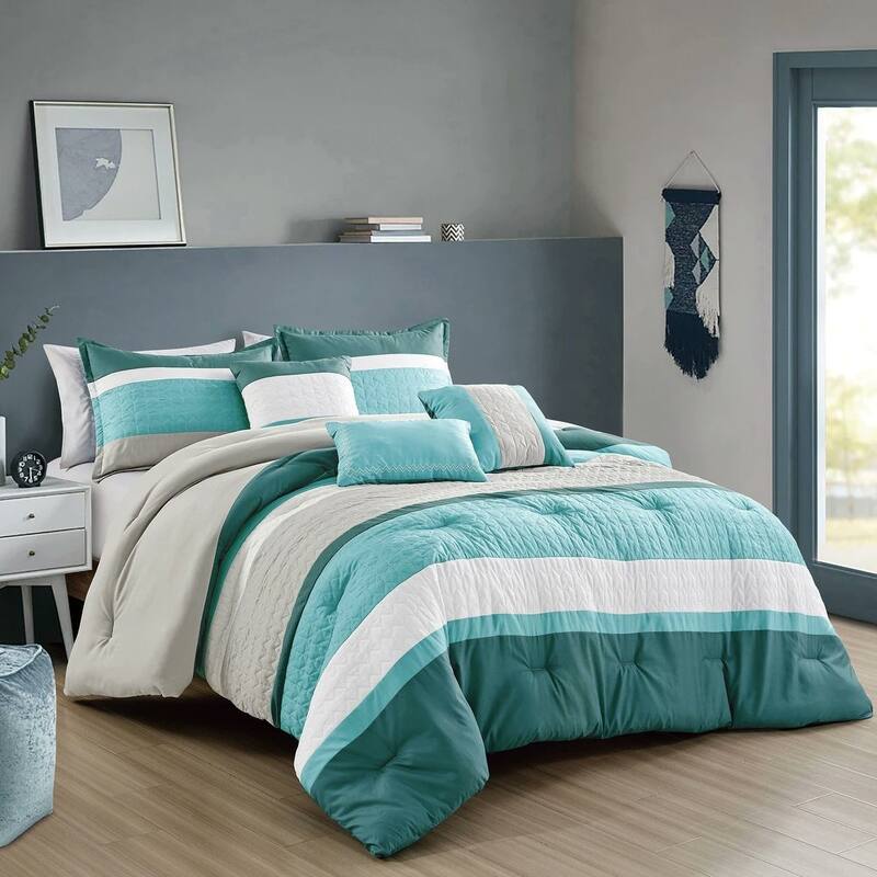 6 Piece Turquoise Blue Striped Embroidery Soft Bedding Comforter Set - King