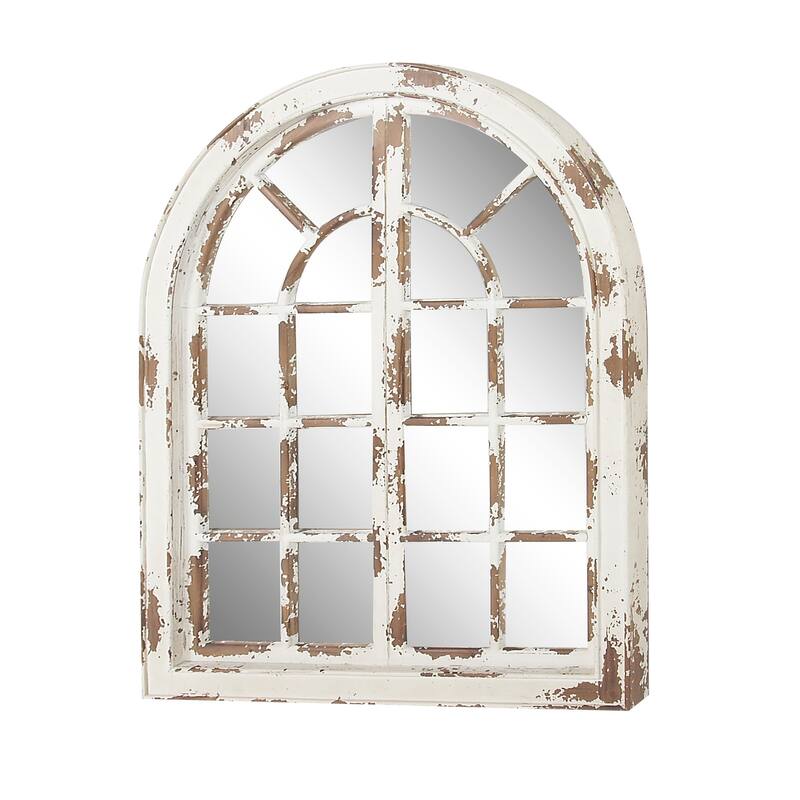 Gray Wood Window Pane Inspired Room Wall Mirror with Arched Top and Distressing