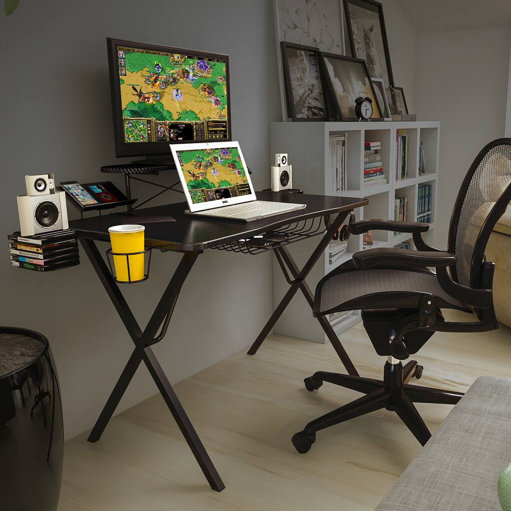 Metal Gaming Desk with Monitor Shelf and Storage Rack - Black