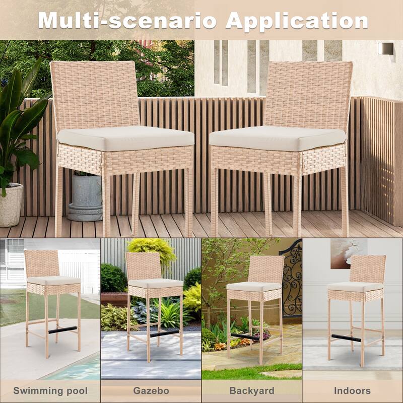 Rattan Bar Stools Set of 2, Armless Wicker Bar Stools with Cushions, All-Weather Outdoor Bar Height Stools for Patio, Poolside