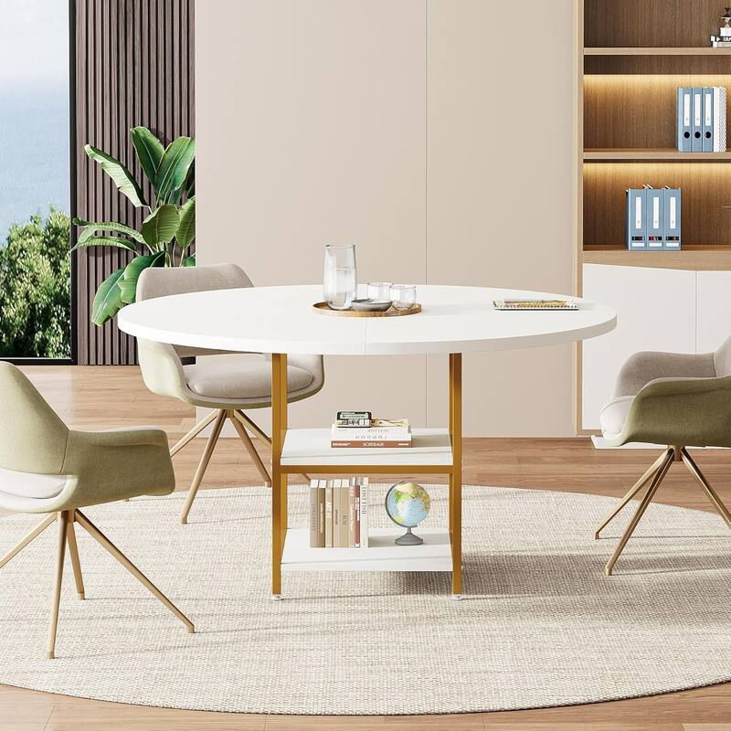 47-Inch Round Wood Conference Table with Storage Shelf Office Training Desk for Conference/Seminar Room