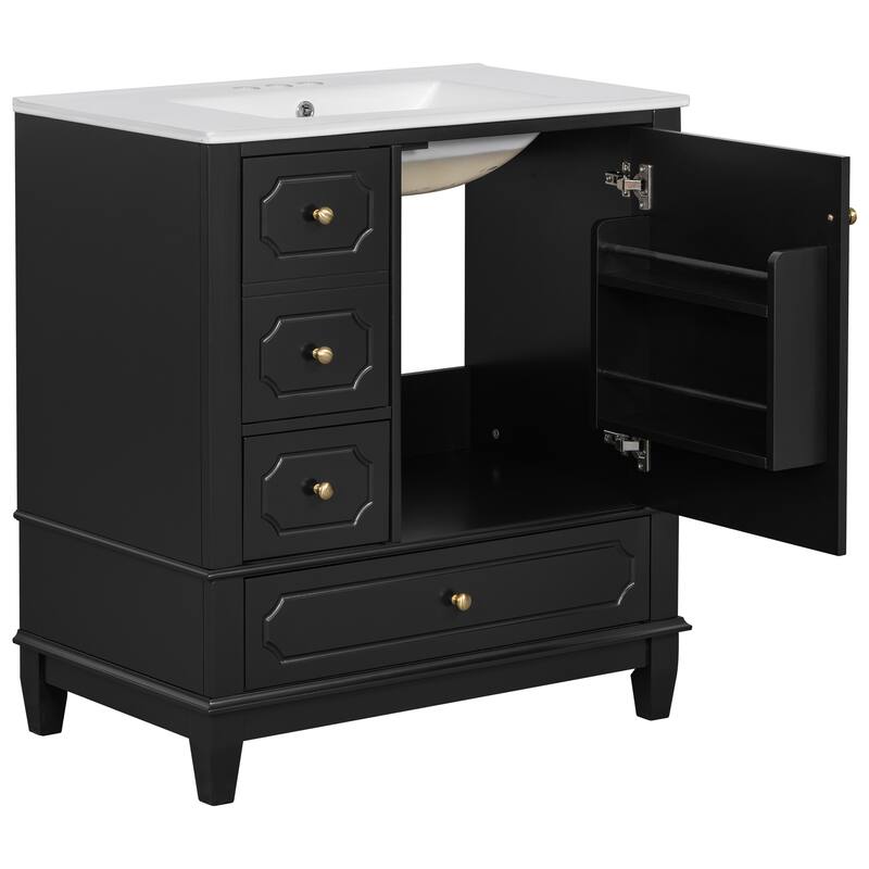 30" Bathroom with Sink,Cabinet with Basin,Wood Frame,Soft-Close Door,3 Drawers,Painted MDF & Rubber Wood,Shelves Included