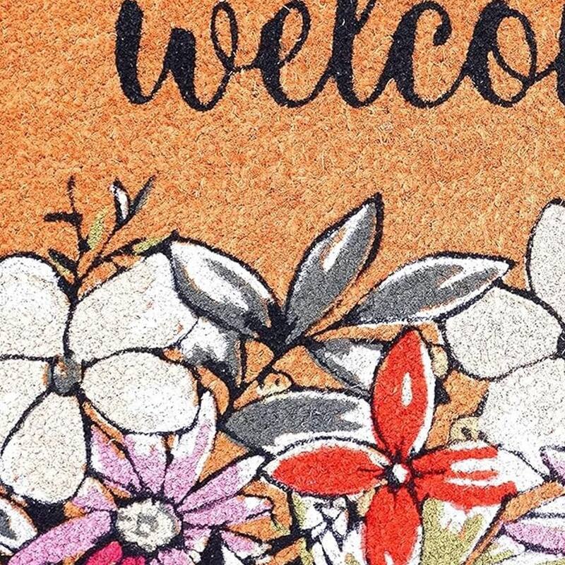 HomeRoots 20" X 34" Brown Black And White Floral Welcome Outdoor Coir Door Mat - 20.00' X '34.00