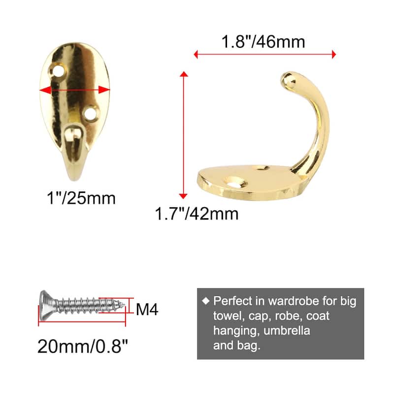 8pcs Wall Hooks Zinc Alloy Hook Coat Bag Wall Hanger w Screws - Gold Tone - 1.8"x1"x1.7"(L*W*H)