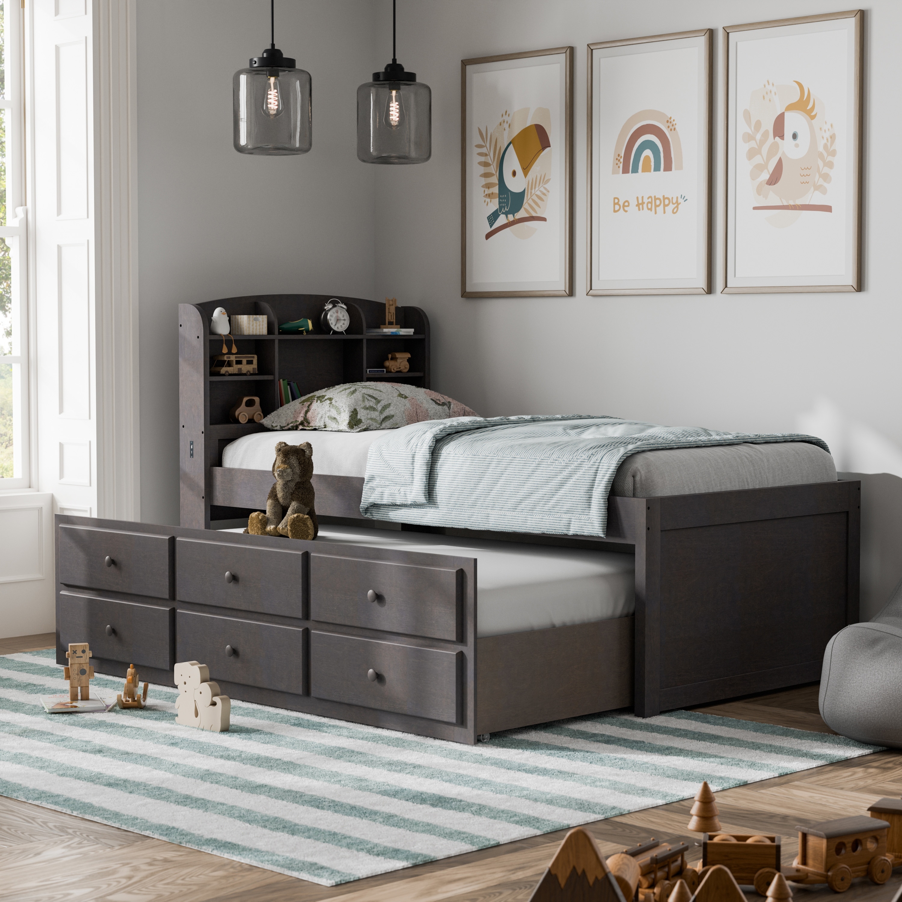 Furniture of America Maurice Grey Twin Rubberwood Captain Bed with Trundle and USB Port