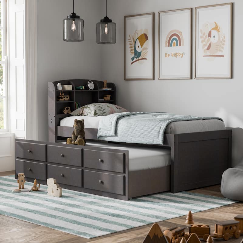 Furniture of America Maurice Grey Twin Rubberwood Captain Bed with Trundle and USB Port - Stain Grey