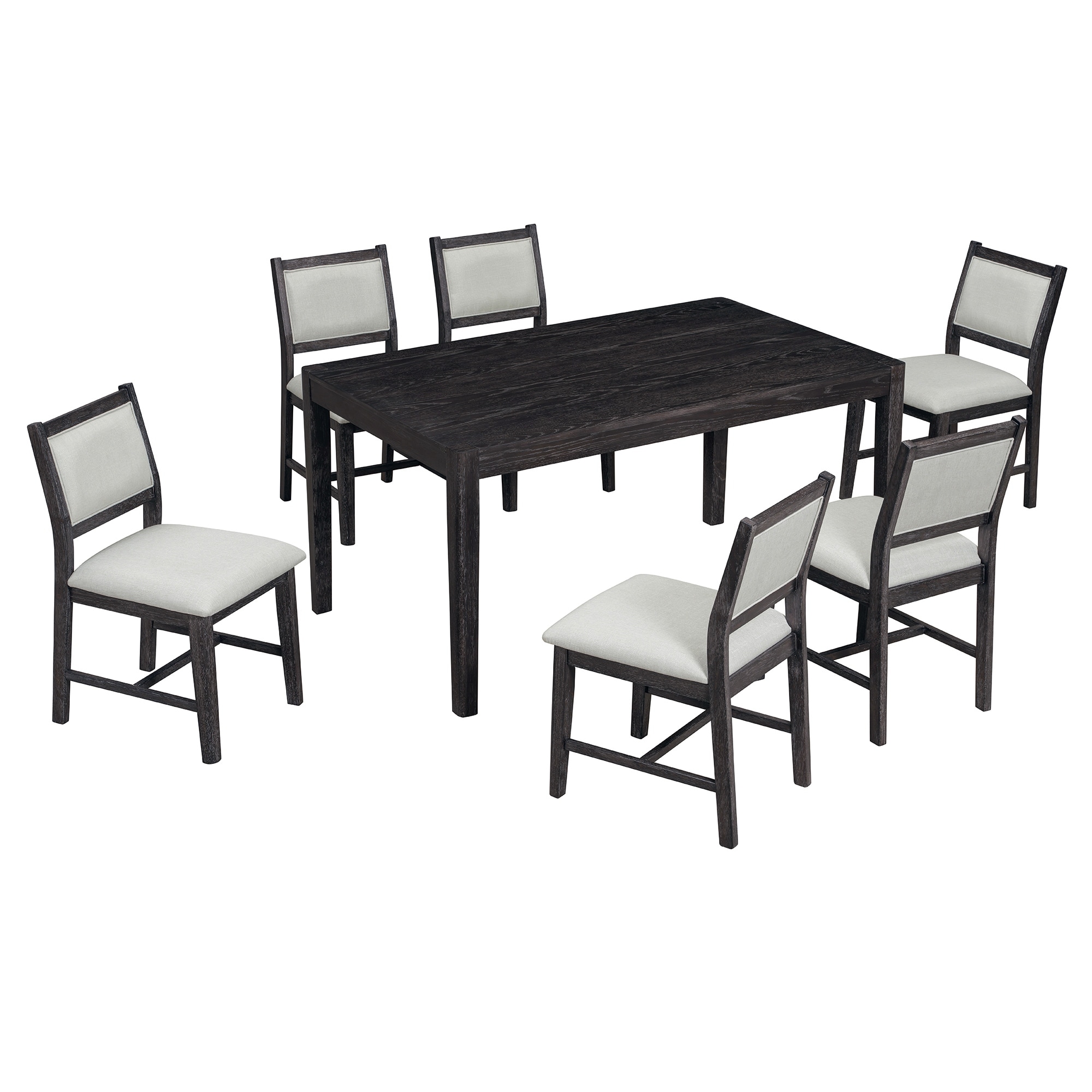 7-Piece Vintage Dining Table Set for 6 with Rectangular Table & 6 Padded Chairs, Espresso Upholstered Dining Chairs