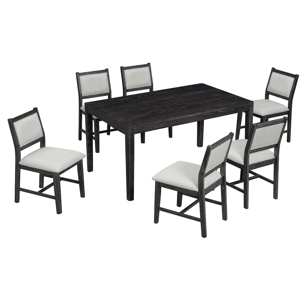 7-Piece Vintage Dining Table Set for 6 with Rectangular Table & 6 Padded Chairs, Espresso Upholstered Dining Chairs