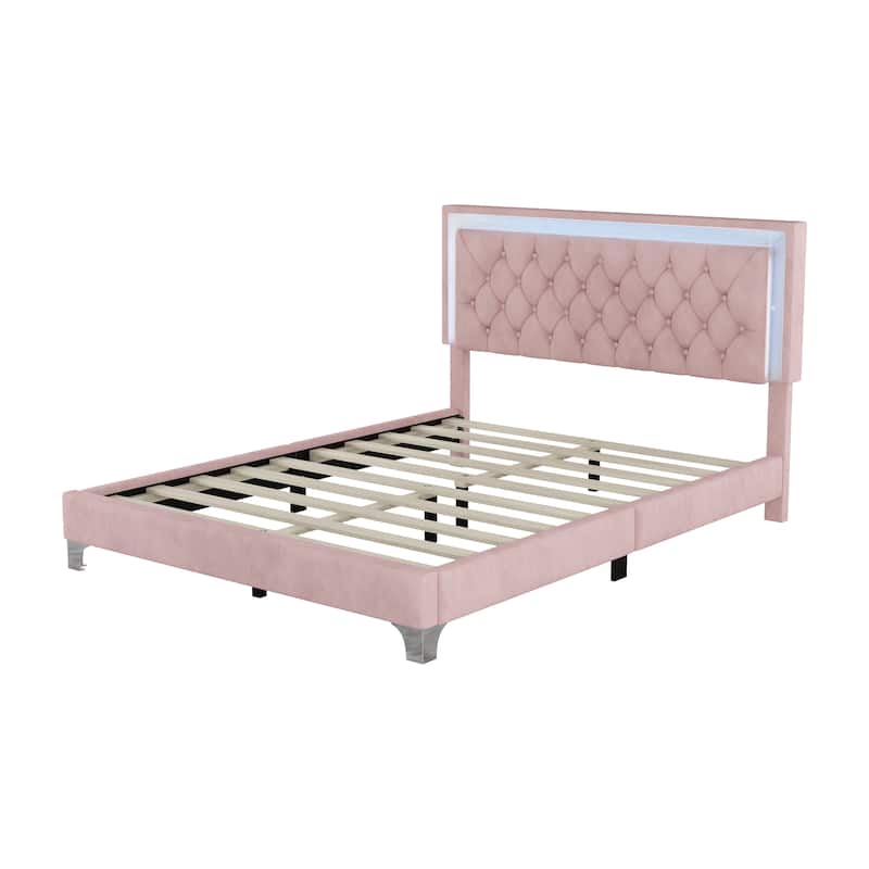 Queen Size Upholstered Bed Frame with LED Lights