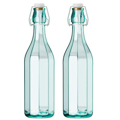 Amici Home Set of 2 Italian Recycled Green Faceted Hermetic Bottles
