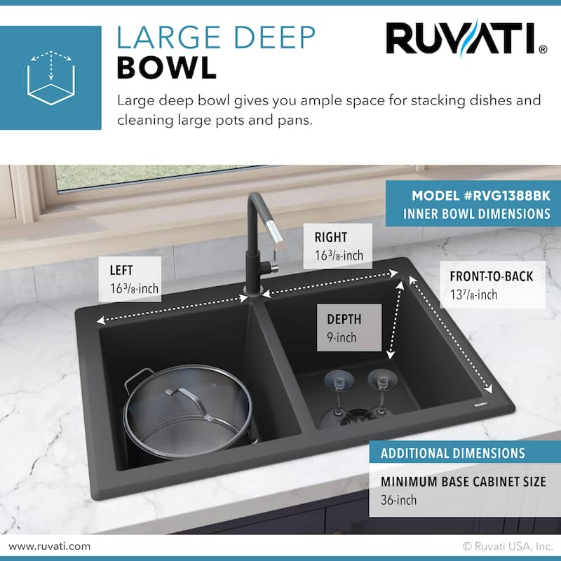 Ruvati 33 x 22 inch epiGranite Topmount Granite Composite Double Bowl Kitchen Sink - Midnight Black - RVG1388BK