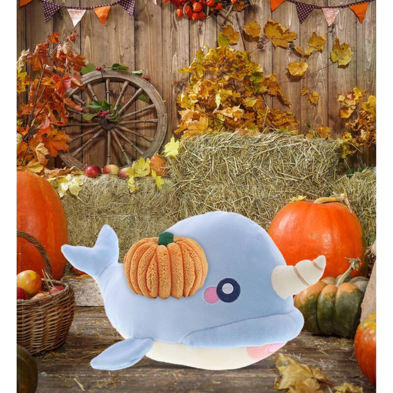 DolliBu Baby Soft Blue Narwhal Stuffed Animal with Pumpkin Decor - 11.75 inches