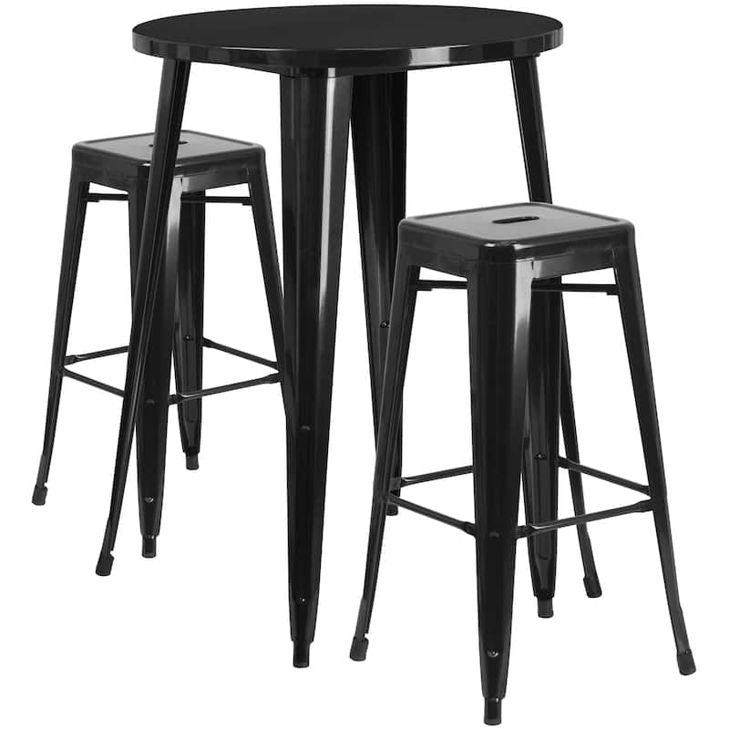 30'' Round Metal Indoor-Outdoor Bar Table Set with 2 Square Seat Backless Stools - 30"W x 30"D x 41"H - 30"W x 30"D x 41"H