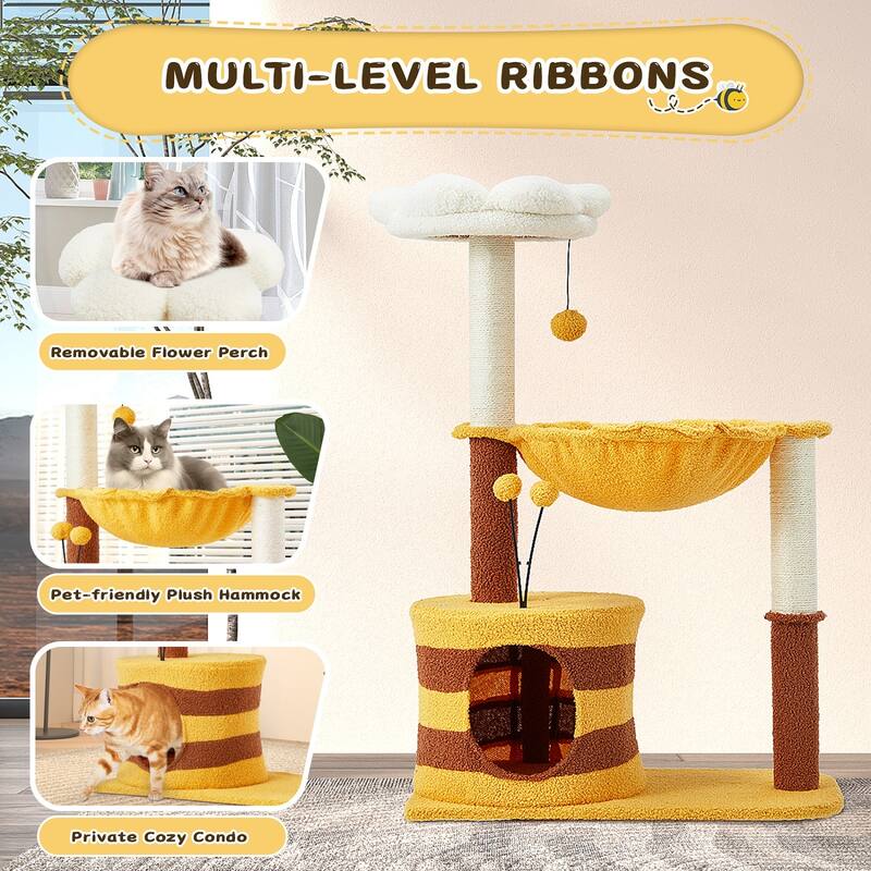 EROMMY 14.6 in Flower Cat Tree with Well-padded Perch, Cat Tower with Sisal Scratching Posts and Interactive Toys, Yellow