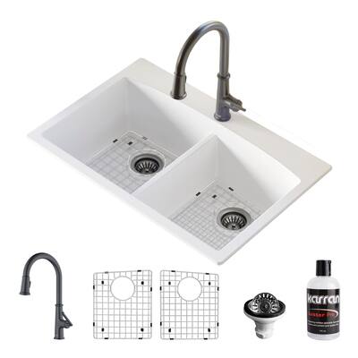 Karran Drop-In Quartz Composite 33 in. 1-Hole 50/50 Double Bowl Kitchen Sink in White with Kitchen Faucet in Gunmetal Grey