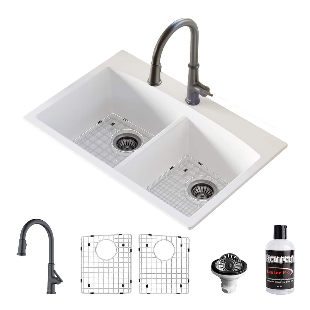 Karran Drop-In Quartz Composite 33 in. 1-Hole 50/50 Double Bowl Kitchen Sink in White with Kitchen Faucet in Gunmetal Grey