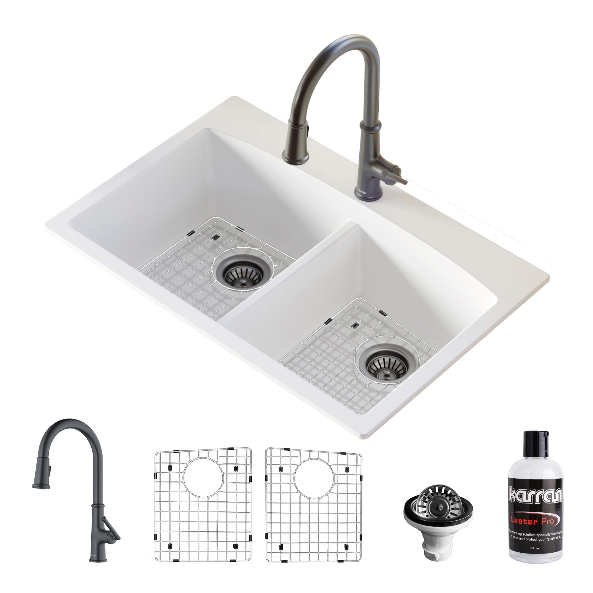 Karran Drop-In Quartz Composite 33 in. 1-Hole 50/50 Double Bowl Kitchen Sink in White with Kitchen Faucet in Gunmetal Grey