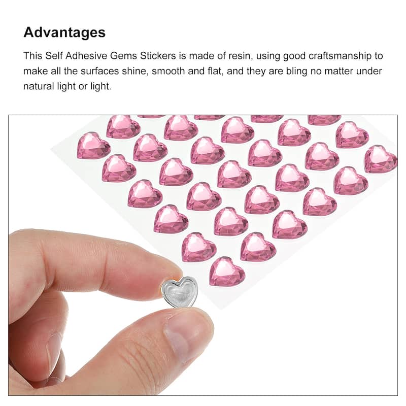 144 Pcs Heart Rhinestone 10mm Self Adhesive Gems Stickers Pink