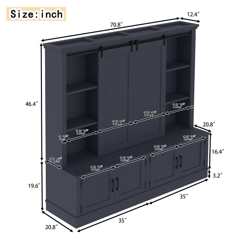 70.8 in Entryway Hall Cabinet with Sliding Barn Door, Multi-Tier Storage Shelves, 12 Compartments, Modern Mudroom Organizer