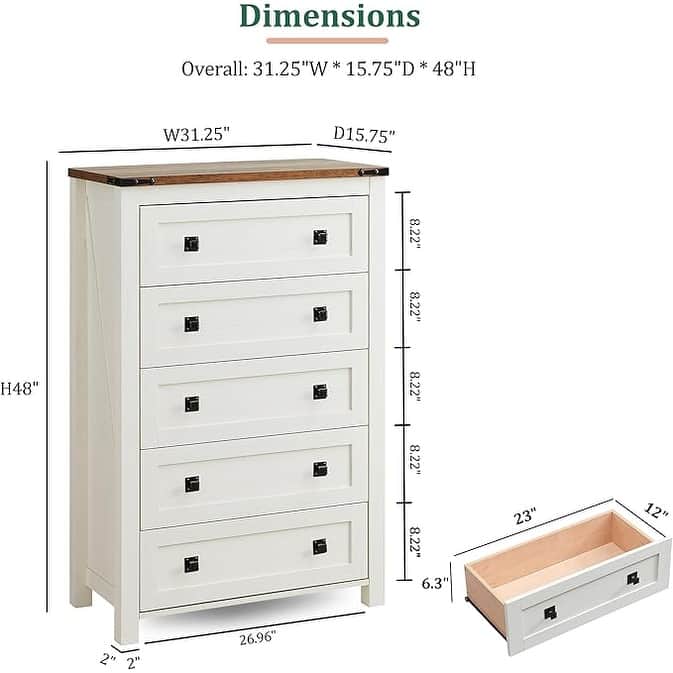 48" Tall Farmhouse 5 Drawer Wood Dresser, Chest of Drawers for Bedroom