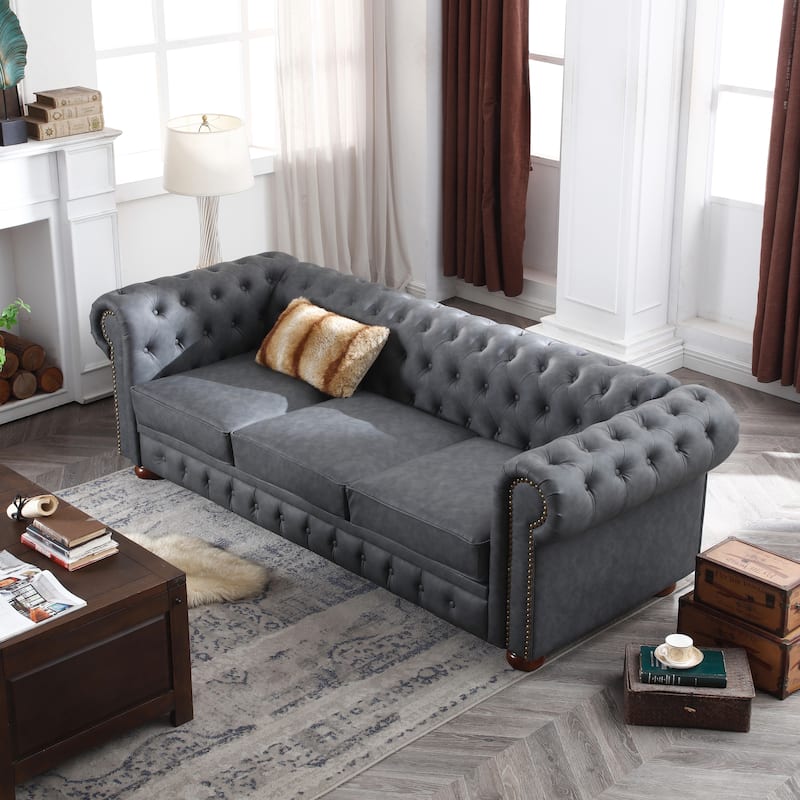 Faux Leather Upholstered 3-Seater Living Room Sofa with Button and Copper Nail on Arms, Classic Chesterfield Sofa