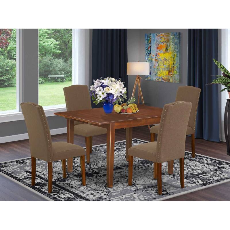 Modern Dining Set 5 Piece - Rectangle Table with Leaf & 4 Linen Chairs - Rustic Refinement