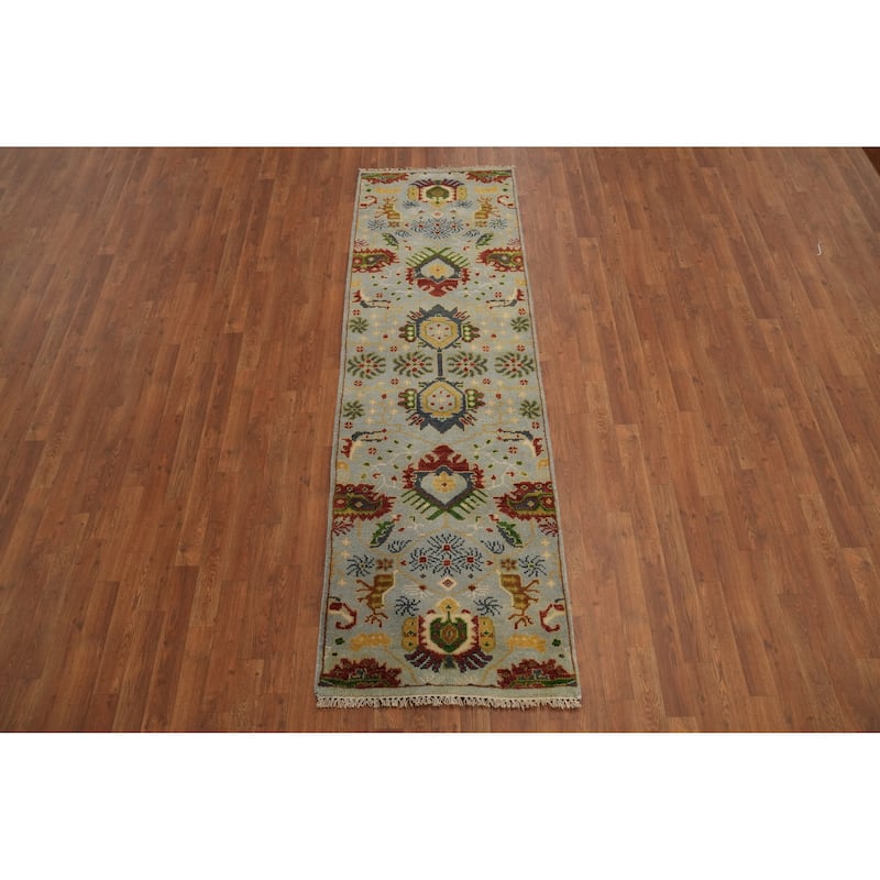 Hand-knotted Traditional Wool Grey Geometric Area Rug Oriental Carpet - 8' 0'' X 2' 6''