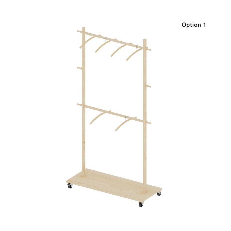 Anmytek Solid Finnish Pine Rolling Garment Rack with 2 Hanging Rods & Shelf, Freestanding Clothes Organizer with Lockable Wheels