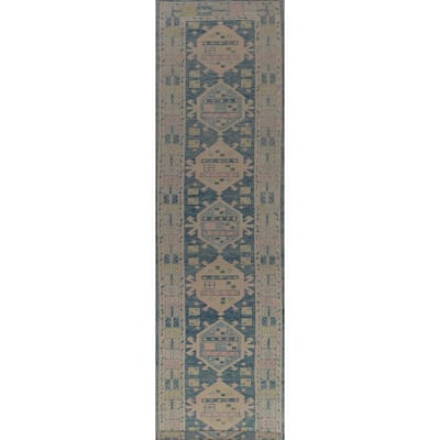 Hand Knotted Oriental 100% Wool Carpet Transitional Geometric Navy Blue & Blues Oushak Runner Rug - 17' 2'' X 3' 2''