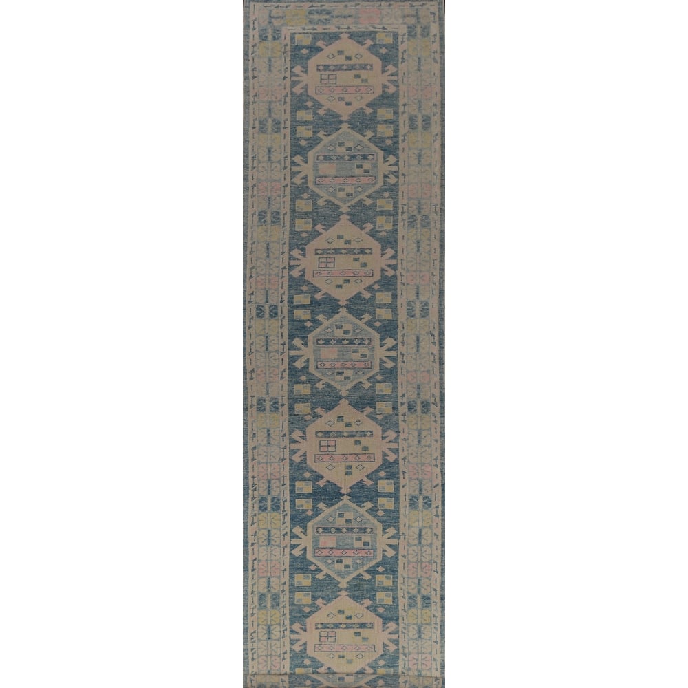 Hand Knotted Oriental 100% Wool Carpet Transitional Geometric Navy Blue & Blues Oushak Runner Rug - 17' 2'' X 3' 2''