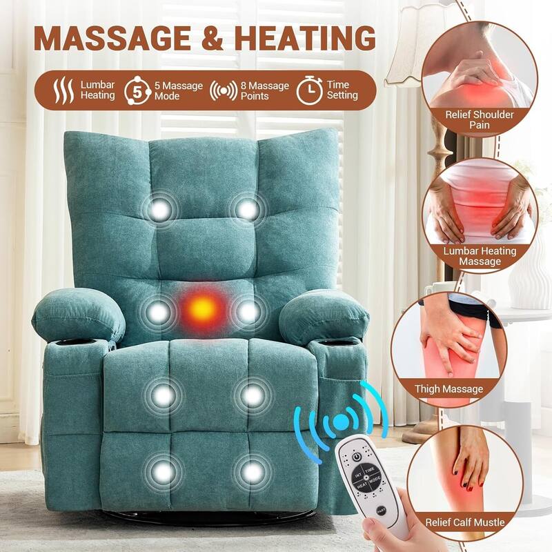 Swivel Rocker Recliner Chair, with Massage and Heat and Side Pocket