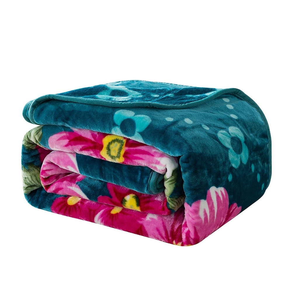 800GSM Printed Rachel Plush Blanket King Floral 07 75 x 91 Blue