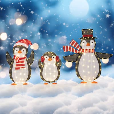 Gymax Lighted Christmas Penguins Set of 3 Christmas Penguin - Multi-colors - See Details