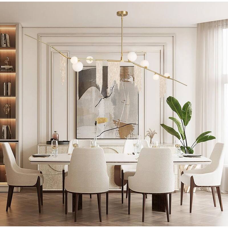 7-Light Gold Metal Frame Chandelier With White Globe Shades