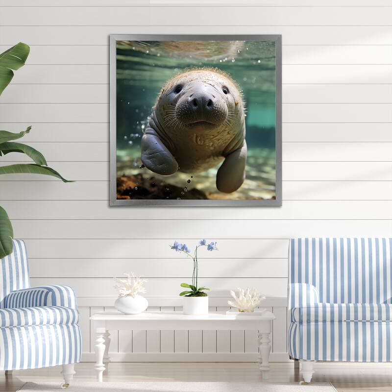 Designart "Curious Manatee Gaze II" Manatee Wall Decor Blue Modern Entryway Framed Wall Art Print - 16 in. wide x 16 in. high - Silver