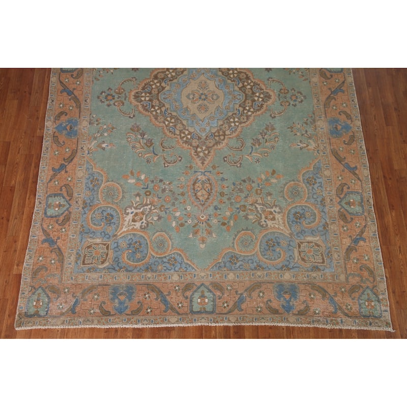 Turquoise Green Tabriz Persian Vintage Area Rug Handmade Wool Carpet - 7'6" x 10'10"