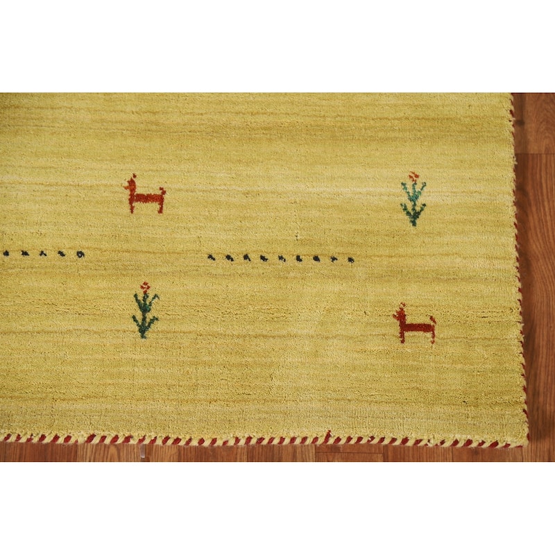 Tribal Gabbeh Area Rug Hand-knotted Green Wool Carpet - 3'2"x 4'11"