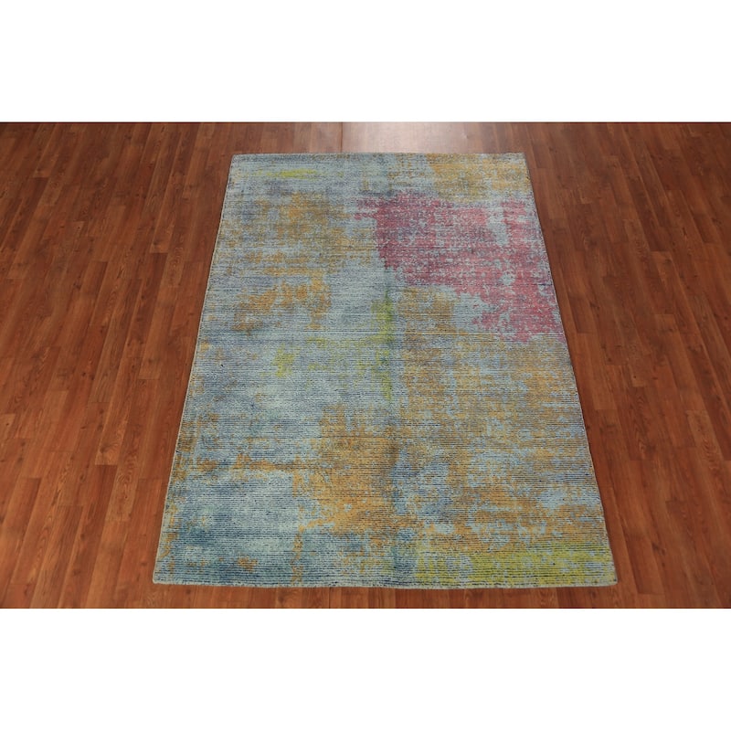 Contemporary Abstract Indian Rug Hand-Knotted Wool Carpet - 4'9"x 6'10"
