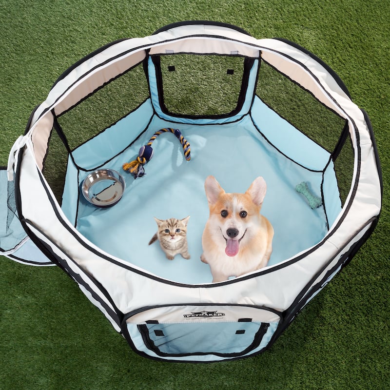Petmaker Portable Pet Playpen - Pop-Up Dog Kennel with Carry Bag - X-Large - Light Blue