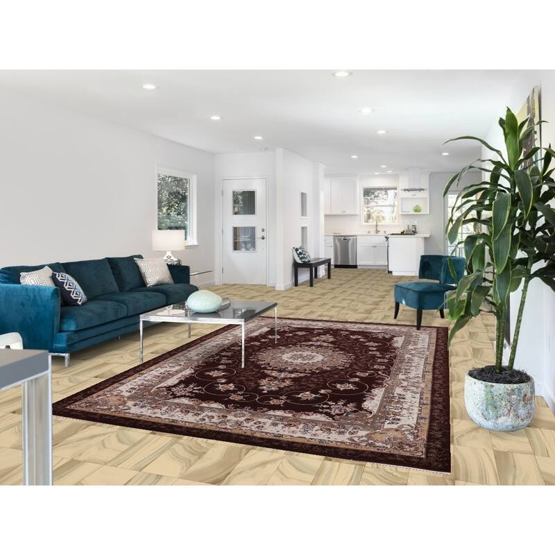 Burgundy Red Floral Kashan Turkish Rug Machine-Made Carpet - 6'7" x 9'10"