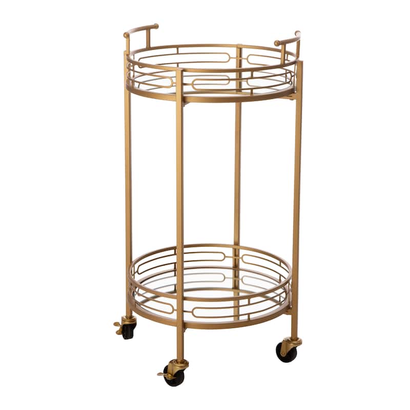 Glitzhome Metallic Gold 2-Tier Serving Bar Cart with Mirrored Glass - 27"H-Round