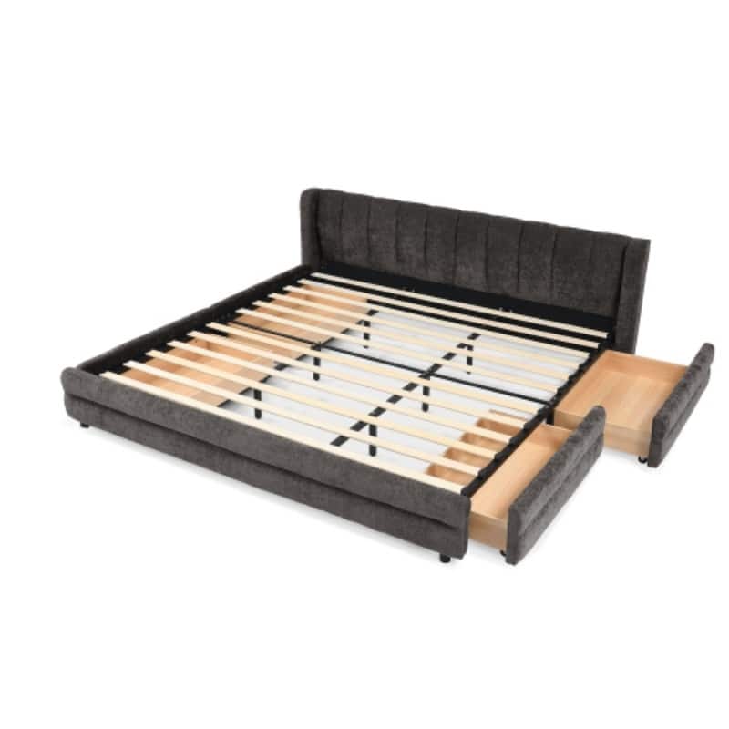 King Upholstered Bed Frame with Storage Drawer, Thick Padded Headboard & Solid Frame in Chenille Fabric