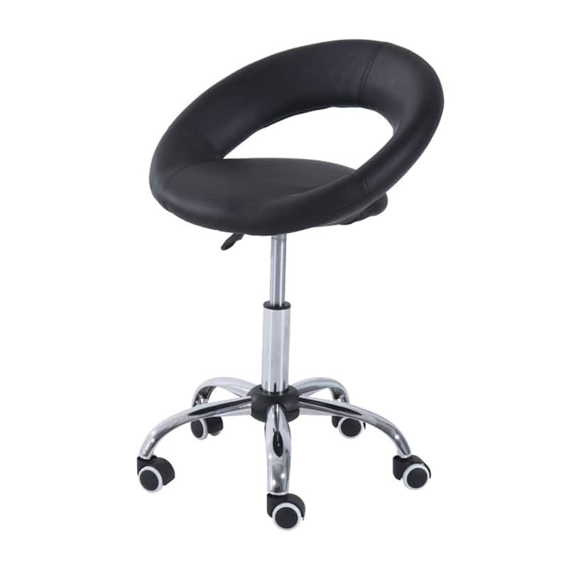 Black Faux Leather Round Ottoman Stool with Adjustable Height and Rolling Casters for Salon Studio and Office Use - Black