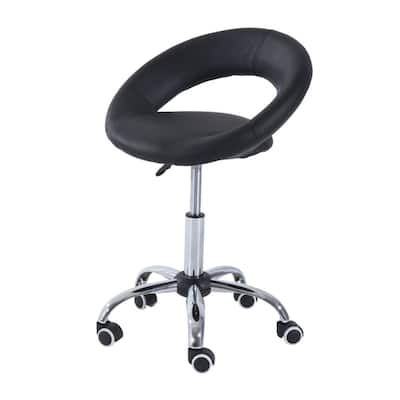 Black Faux Leather Round Ottoman Stool with Adjustable Height and Rolling Casters for Salon Studio and Office Use