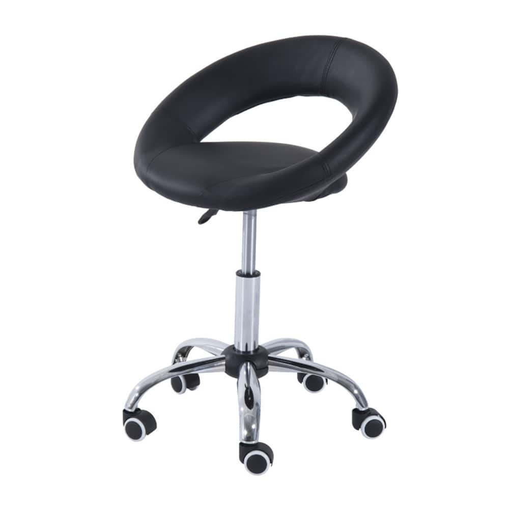 Black Faux Leather Round Ottoman Stool with Adjustable Height and Rolling Casters for Salon Studio and Office Use