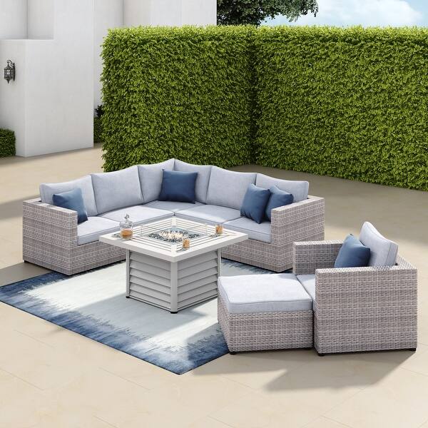 Corvus Sevilla 8 Piece Grey Wicker Sofa Fire Pit Set With Blue Pillows Overstock 31944339