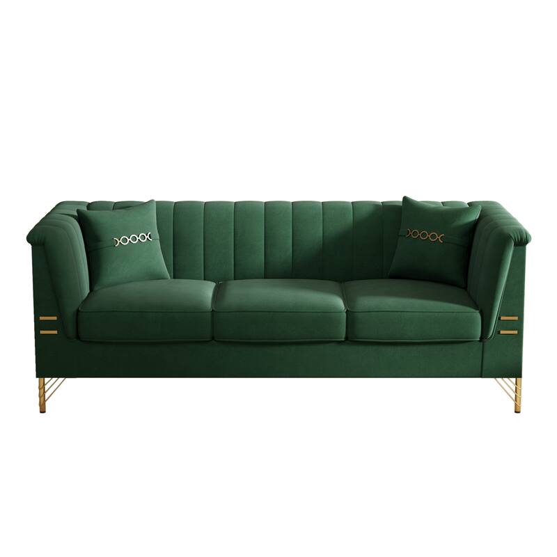 Chesterfield Velvet Button Tufted Sofa, Luxury 3-Seater Couch with 2 Pillows