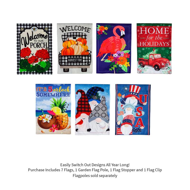 Burlap 4-Season Flags w/ Flag Stand, Set of 7, Welcome