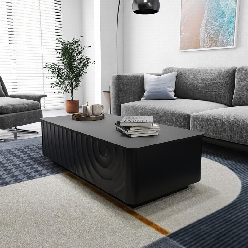 Mid Century 47" Rectangle Coffee Table with Unique Wave Texture and Safe Rounded Corner Design for Living Room