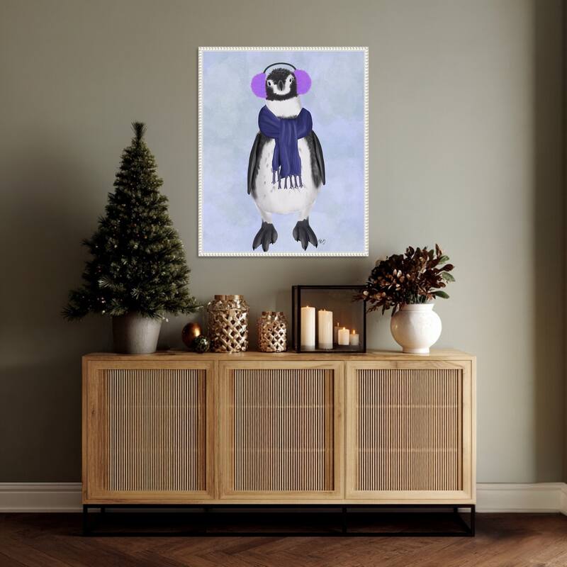 Penguin Ear Muffs by Fab Funky (23 x 28 in.), Framed Canvas Wall Art Print - Sylvie Beaded White
